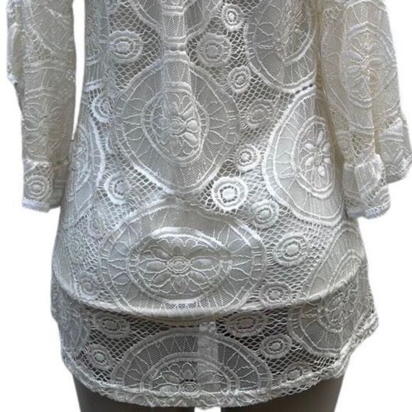 Lace Overlay Blouse Women's Small Cream Crochet Embroidered Ruffle Bell Sleeve - Picture 11 of 15